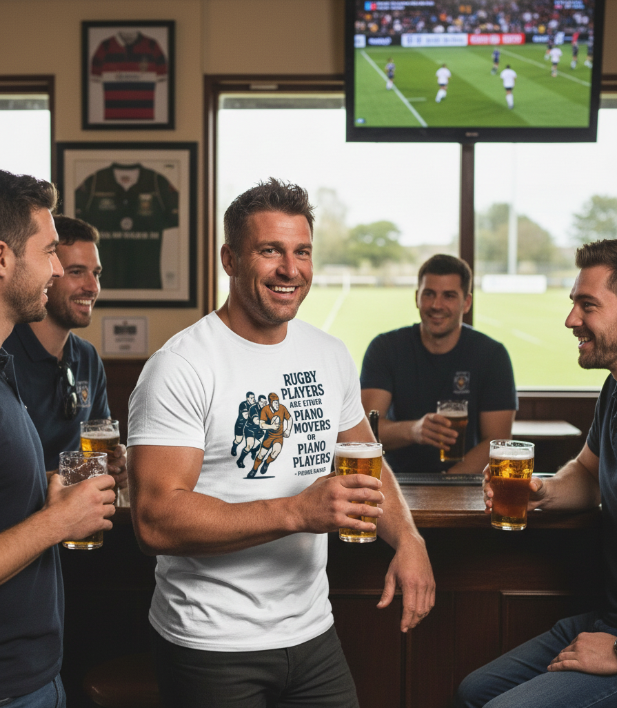 Man in a pub wearing a rugby-themed t-shirt holding a beer, with others around him also drinking. The man is wearing a Cows Corner t-shirt with the funny rugby slogan 'Rugby Players Are Either Piano Movers or Piano Players – Pierre Danos'. Cows Corner gifts are perfect for sport-mad fans, these gifts work brilliantly for birthdays, new baby celebrations, Father’s Day, Mother’s Day, Christmas, anniversaries, thank you gifts, end-of-season team awards, graduations, retirements, and just-because moments 
