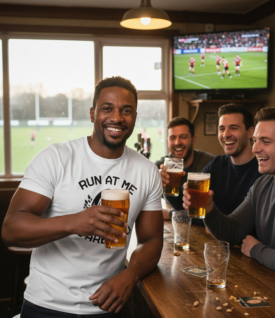 Group of men enjoying drinks and watching a sports match in a pub. The man is wearing a Cows Corner t-shirt with the funny rugby slogan on the front that reads 'Run at Me I Dare You'. Cows Corner gifts are perfect for sport-mad fans, these gifts work brilliantly for birthdays, new baby celebrations, Father’s Day, Mother’s Day, Christmas, anniversaries, thank you gifts, end-of-season team awards, graduations, retirements, and just-because moments when you want to raise a smile. 
