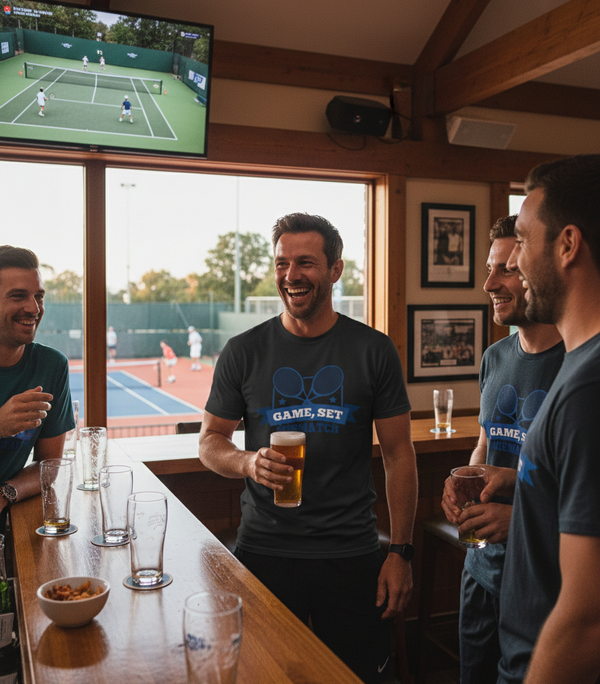 Men in a bar watching tennis on TV and drinking beer, the man is wearing a Cows Corner T-shirt with a funny tennis slogan on the front that reads 'Game, Set, Mismatch'. Cows Corner gifts are perfect for sport-mad fans, these gifts work brilliantly for birthdays, new baby celebrations, Father’s Day, Mother’s Day, Christmas, anniversaries, thank you gifts, end-of-season team awards, graduations, retirements, and just-because moments when you want to raise a smile. 