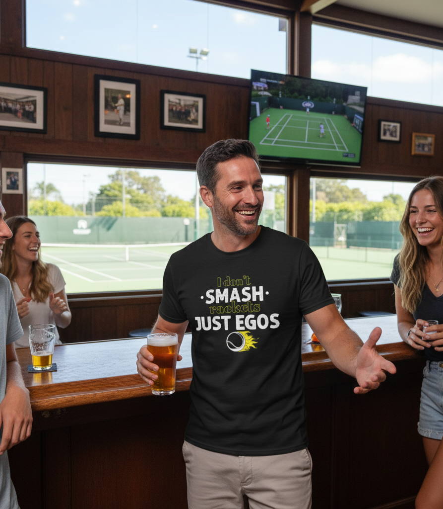 Man in a bar wearing a t-shirt with a humorous message, holding a beer, with people around him.  The man is wearing a Cows Corner T-shirt with the funny tennis slogan on the front that reads 'I Don't Smash Rackets Just Egos'.  Cows Corner gifts are perfect for sport-mad fans, these gifts work brilliantly for birthdays, new baby celebrations, Father’s Day, Mother’s Day, Christmas, anniversaries, thank you gifts, end-of-season team awards, graduations, retirements, and just-because moments.