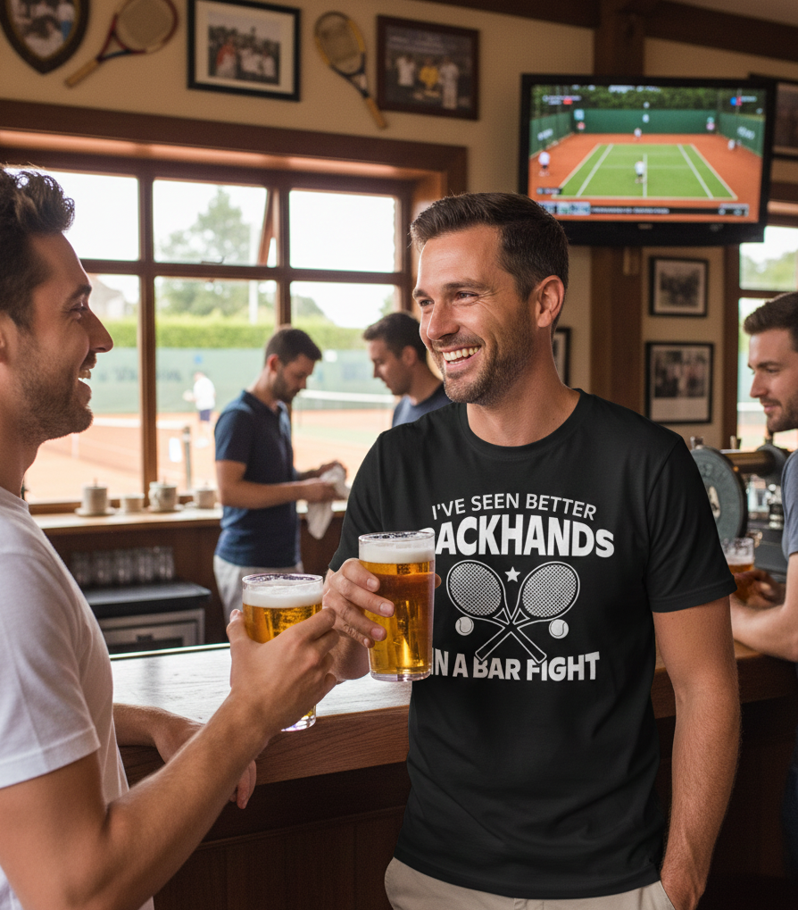 Two men in a bar with one wearing a black t-shirt with a humorous tennis graphic and text.  The man is wearing a Cows Corner T-shirt with the funny tennis slogan on the front that reads 'I've Seen Better Backhands In A Bar Fight'. Cows Corner gifts are perfect for sport-mad fans, these gifts work brilliantly for birthdays, new baby celebrations, Father’s Day, Mother’s Day, Christmas, anniversaries, thank you gifts, end-of-season team awards, graduations, retirements, and just-because moments