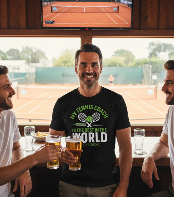 Three men in a bar with a TV showing a tennis match, one wearing a t-shirt about being the best tennis coach. The man is wearing a Cows Corner t-shirt with the tennis coach slogan on the front that reads 'My Tennis Coach Is the Best in the World (and I’ve Checked)'. Cows Corner gifts are perfect for sport-mad fans, these gifts work brilliantly for birthdays, new baby celebrations, Father’s Day, Mother’s Day, Christmas, anniversaries, thank you gifts, end-of-season team awards, graduations, retirements 