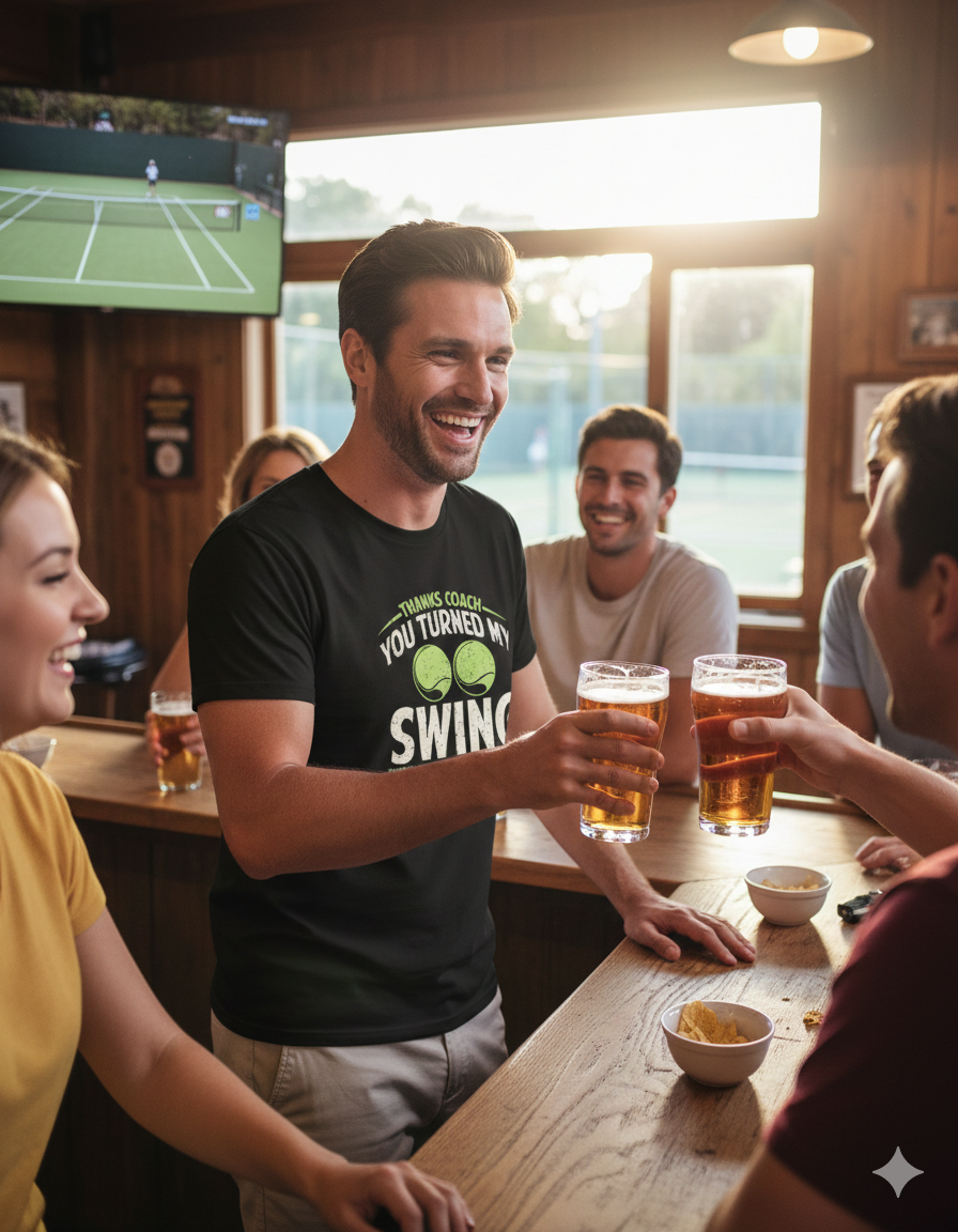 Group of friends socialising at a bar, holding drinks and smiling.  The man is wearing a Cows Corner t-shirt with the tennis coach slogan on the front that reads 'Thanks Coach You Turned My Swing Into Something Special'. Cows Corner gifts are perfect for sport-mad fans, these gifts work brilliantly for birthdays, new baby celebrations, Father’s Day, Mother’s Day, Christmas, anniversaries, thank you gifts, end-of-season team awards, graduations, retirements, and just-because moments