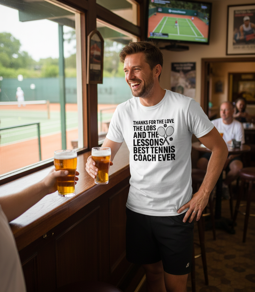 Man in a sports bar holding beers, wearing a t-shirt with tennis-themed text. The man is wearing a Cows Corner t-shirt with the tennis coach slogan on the front that reads 'Thanks for the Love the Lobs and the Lessons. Best Tennis Coach Ever'. Cows Corner gifts are perfect for sport-mad fans, these gifts work brilliantly for birthdays, new baby celebrations, Father’s Day, Mother’s Day, Christmas, anniversaries, thank you gifts, end-of-season team awards, graduations, retirements, and just-because moments