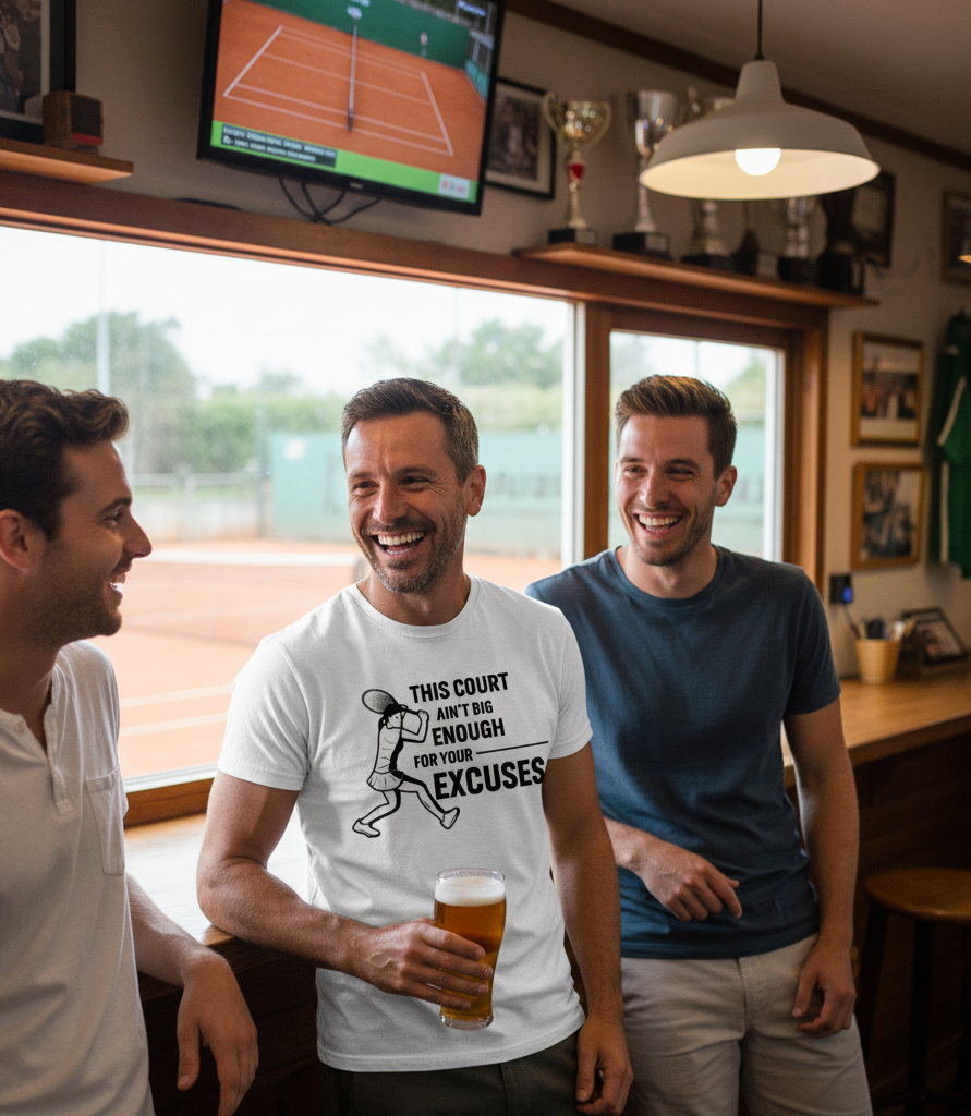 Three men in a bar watching a tennis match on TV, one holding a beer.  The man is wearing a Cows Corner T-shirt with the funny tennis slogan on the front that reads 'This Court Ain't Big Enough For Your Excuses'. Cows Corner gifts are perfect for sport-mad fans, these gifts work brilliantly for birthdays, new baby celebrations, Father’s Day, Mother’s Day, Christmas, anniversaries, thank you gifts, end-of-season team awards, graduations, retirements, and just-because moments when you want to raise a smile. 