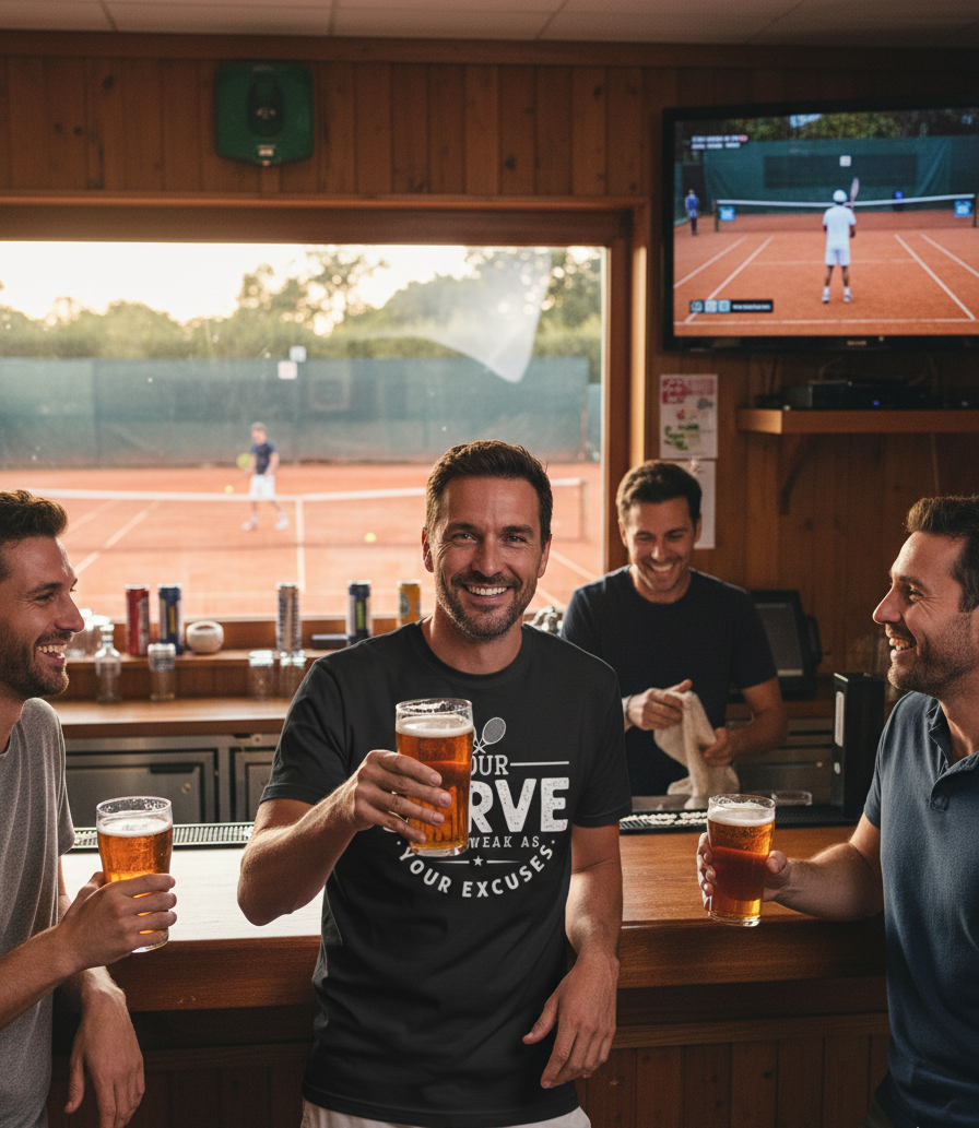 Four men in a bar watching tennis on TV and drinking beer.  The man is wearing a Cows Corner T-shirt with the funny Tennis slogan on the front that reads 'Your Serve Is As Weak As Your Excuses'.  Cows Corner gifts are perfect for sport-mad fans, these gifts work brilliantly for birthdays, new baby celebrations, Father’s Day, Mother’s Day, Christmas, anniversaries, thank you gifts, end-of-season team awards, graduations, retirements, and just-because moments when you want to raise a smile. 