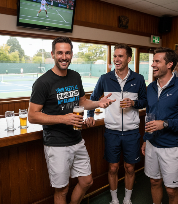 Three men in sports attire standing in a room with a TV showing tennis, holding drinks.  The man is wearing a Cows Corner T-shirt with the funny tennis slogan on the front that reads 'Your Serve Is Slower Than My Grandma's Wifi'.  Cows Corner gifts are perfect for sport-mad fans, these gifts work brilliantly for birthdays, new baby celebrations, Father’s Day, Mother’s Day, Christmas, anniversaries, thank you gifts, end-of-season team awards, graduations, retirements, and just-because moments.