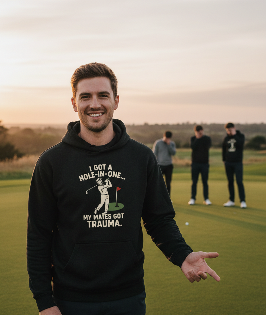 Man wearing a black hoodie with humorous text on a golf course. The man is wearing a Cows Corner hoodie with the funny golf slogan 'I Got A Hole-In-One… My Mates Got Trauma'. Cows Corner gifts are perfect for sport-mad fans, these gifts work brilliantly for birthdays, new baby celebrations, Father’s Day, Mother’s Day, Christmas, anniversaries, thank you gifts, end-of-season team awards, graduations, retirements, and just-because moments when you want to raise a smile. 
