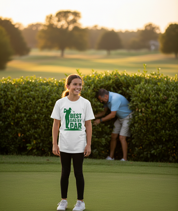 A Girl wearing a Cows Corner t-shirt with the funny golf slogan 'Best Dad by Par'. Cows Corner gifts are perfect for sport-mad fans, these gifts work brilliantly for birthdays, new baby celebrations, Father’s Day, Mother’s Day, Christmas, anniversaries, thank you gifts, end-of-season team awards, graduations, retirements, and just-because moments when you want to raise a smile. 
