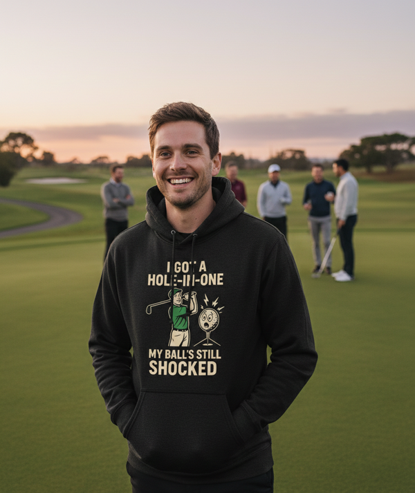 Man wearing a black hoodie with humorous text on a golf course. The man is wearing a Cows Corner hoodie with the funny golf slogan 'I Got A Hole-In-One… My Ball’s Still Shocked'. Cows Corner gifts are perfect for sport-mad fans, these gifts work brilliantly for birthdays, new baby celebrations, Father’s Day, Mother’s Day, Christmas, anniversaries, thank you gifts, end-of-season team awards, graduations, retirements, and just-because moments when you want to raise a smile. 
