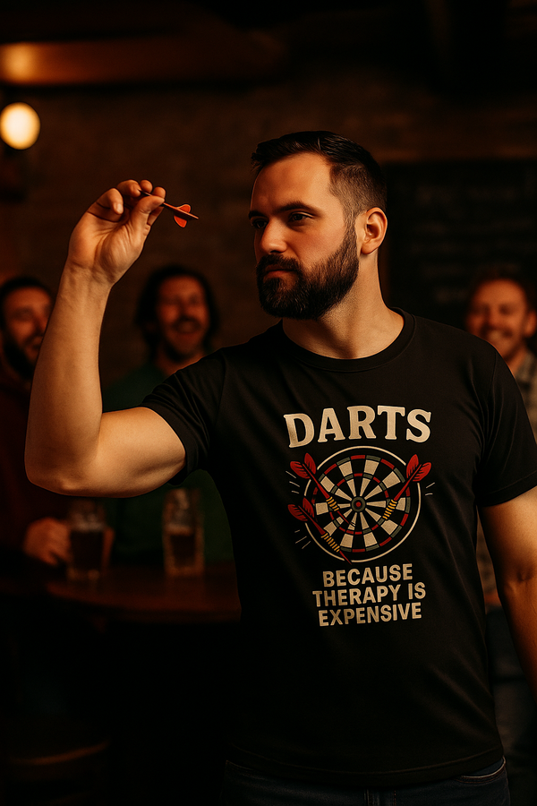 Man holding a dart with a 'Darts Because Therapy is Expensive' t-shirt in a dimly lit room.