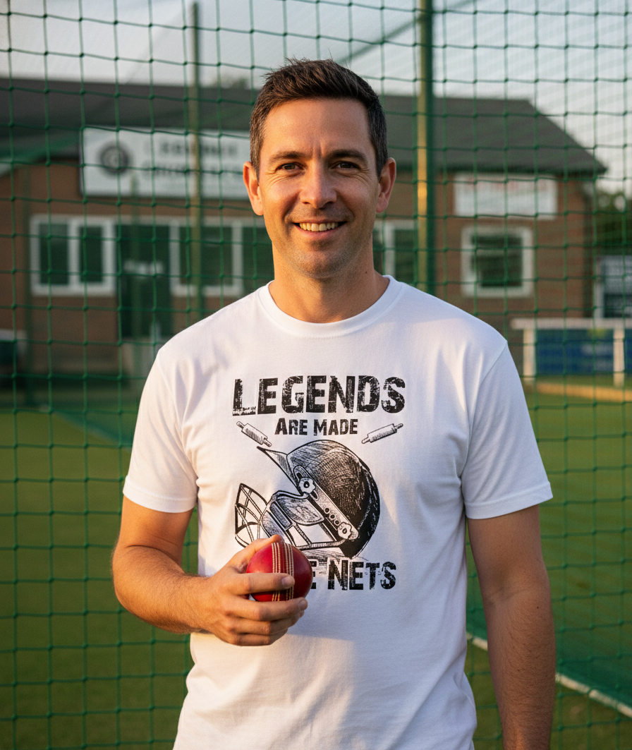 Man wearing a white t-shirt with 'Legends are made on nets' text and graphic, holding a red ball, standing in front of a netted cricket practice area. The man is wearing a Cow Corner t-shirt with the funny cricket slogan 'Legends Are Made in the Nets'.  Cows Corner gifts are perfect for sport-mad fans, these gifts work brilliantly for birthdays, new baby celebrations, Father’s Day, Mother’s Day, Christmas, anniversaries, thank you gifts, end-of-season team awards, graduations, retirements, and just-because 