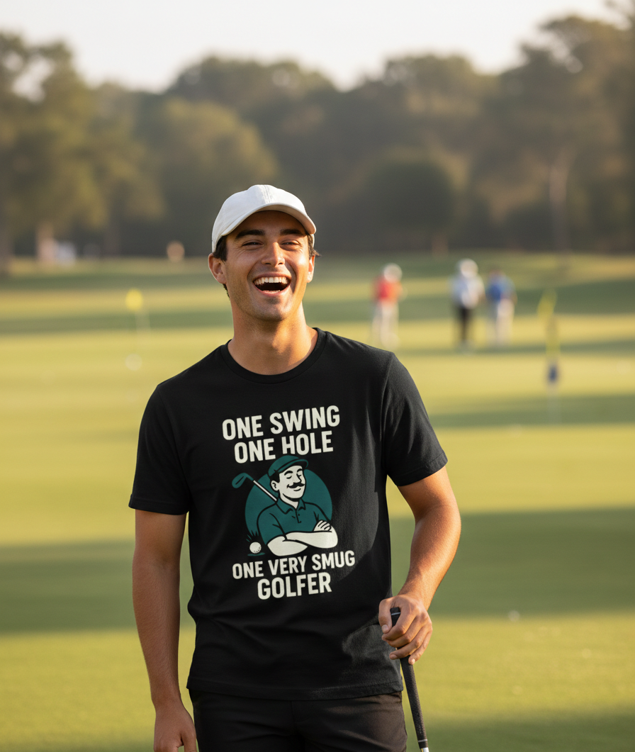 Man on a golf course wearing a black t-shirt with humorous golf-themed text and graphics. A Cows Corner t-shirt with the funny golf slogan 'One Swing, One Hole, One Very Smug Golfer'. Cows Corner gifts are perfect for sport-mad fans, these gifts work brilliantly for birthdays, new baby celebrations, Father’s Day, Mother’s Day, Christmas, anniversaries, thank you gifts, end-of-season team awards, graduations, retirements, and just-because moments when you want to raise a smile. 
