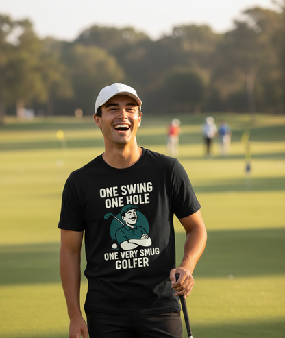 Man on a golf course wearing a black t-shirt with humorous golf-themed text and graphics. A Cows Corner t-shirt with the funny golf slogan 'One Swing, One Hole, One Very Smug Golfer'. Cows Corner gifts are perfect for sport-mad fans, these gifts work brilliantly for birthdays, new baby celebrations, Father’s Day, Mother’s Day, Christmas, anniversaries, thank you gifts, end-of-season team awards, graduations, retirements, and just-because moments when you want to raise a smile. 
