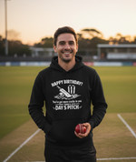 The man is wearing a Cows Corner hoodie with the funny cricket slogan 'Happy Birthday! You’ve got more cracks in you than a Day 5 pitch'.  Cows Corner gifts are perfect for sport-mad fans, these gifts work brilliantly for birthdays, new baby celebrations, Father’s Day, Mother’s Day, Christmas, anniversaries, thank you gifts, end-of-season team awards, graduations, retirements, and just-because moments when you want to raise a smile. 
