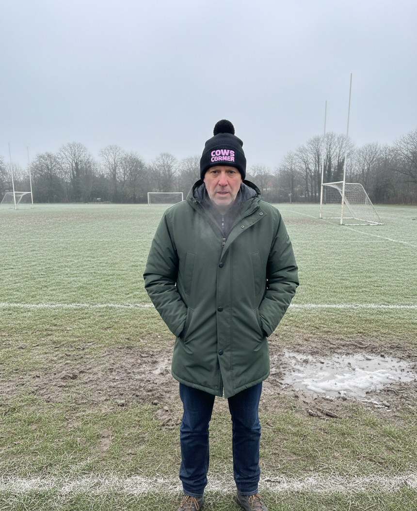 Man standing on a grassy field wearing a green coat and black beanie with text. Cows Corner gifts are perfect for sport-mad fans, these gifts work brilliantly for birthdays, new baby celebrations, Father’s Day, Mother’s Day, Christmas, anniversaries, thank you gifts, end-of-season team awards, graduations, retirements, and just-because moments when you want to raise a smile. Designed for people who appreciate thoughtful gifting with a playful edge, Cows Corner gifts suit everyone