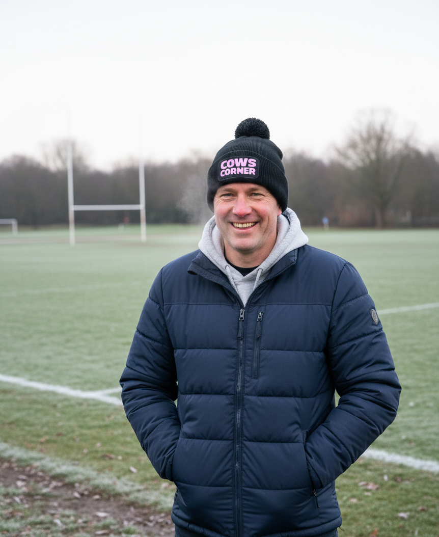 Man standing on a grassy field wearing a green coat and black beanie with text. Cows Corner gifts are perfect for sport-mad fans, these gifts work brilliantly for birthdays, new baby celebrations, Father’s Day, Mother’s Day, Christmas, anniversaries, thank you gifts, end-of-season team awards, graduations, retirements, and just-because moments when you want to raise a smile. Designed for people who appreciate thoughtful gifting with a playful edge, Cows Corner gifts suit everyone