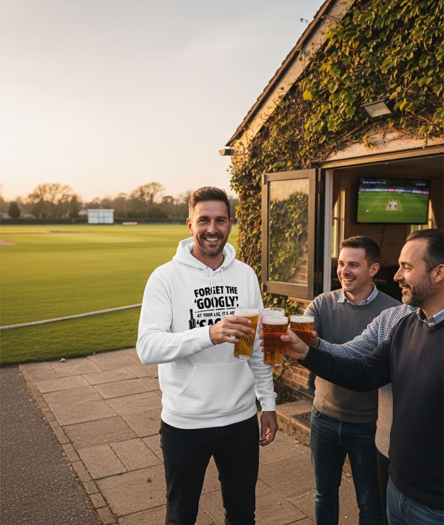 Three men enjoying beers outside a pub with a sports game on the screen. The man is wearing a Cows Corner hoodie with the funny cricket birthday slogan 'Forget the 'Googly', at your age, it’s just a 'Saggy''. Cows Corner gifts are perfect for sport-mad fans, these gifts work brilliantly for birthdays, new baby celebrations, Father’s Day, Mother’s Day, Christmas, anniversaries, thank you gifts, end-of-season team awards, graduations, retirements, and just-because moments when you want to raise a smile. 
