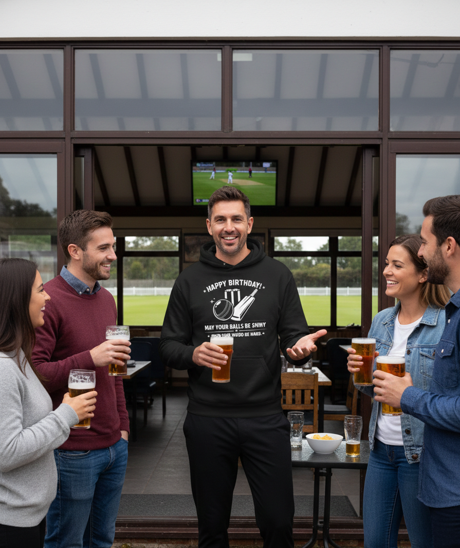 Group of people enjoying drinks and watching a game on a screen in an outdoor setting. Man wearing a Cows Corner hoodie with the funny birthday cricekt slogan 'Happy Birthday! May Your Balls Be Shiny and Your Wood Be Hard.' Cows Corner gifts are perfect for sport-mad fans, these gifts work brilliantly for birthdays, new baby celebrations, Father’s Day, Mother’s Day, Christmas, anniversaries, thank you gifts, end-of-season team awards, graduations, retirements, and just-because moments when you want to raise