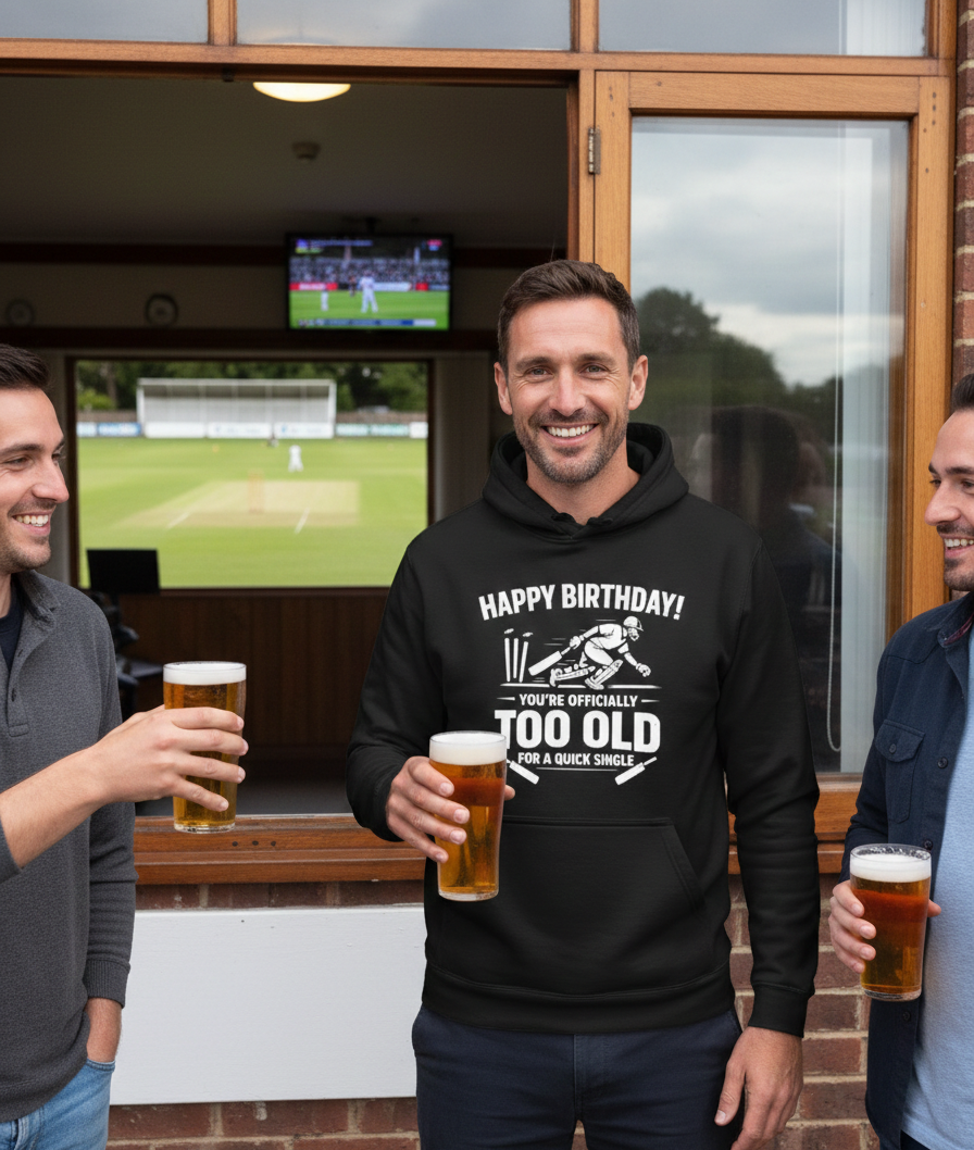 Three men standing outside a building with a TV screen showing a sports game, holding beer glasses. The man is wearing a Cows Corner hoodie with the funny cricket birthday slogan 'Happy Birthday! You’re Officially Too Old for a Quick Single'.  Cows Corner gifts are perfect for sport-mad fans, these gifts work brilliantly for birthdays, new baby celebrations, Father’s Day, Mother’s Day, Christmas, anniversaries, thank you gifts, end-of-season team awards, graduations, retirements, and just-because moments