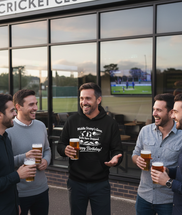 Group of men standing outside a building, holding drinks and smiling. The man is wearing a Cows Corner hoodie with the funny cricket birthday slogan that reads 'Middle Stump’s Gone. Balls have Dropped. Happy Birthday.' Cows Corner gifts are perfect for sport-mad fans, these gifts work brilliantly for birthdays, new baby celebrations, Father’s Day, Mother’s Day, Christmas, anniversaries, thank you gifts, end-of-season team awards, graduations, retirements, and just-because moments 