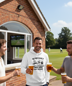 Three men standing outside a building, holding drinks and smiling, with a TV screen showing a cricket match in the background. The man is wearing a Cows Corner hoodie with the funny cricket slogan 'Retired Hurt? No, just too old to find the 'Sweet Spot' Happy Birthday. Cows Corner gifts are perfect for sport-mad fans, these gifts work brilliantly for birthdays, new baby celebrations, Father’s Day, Mother’s Day, Christmas, anniversaries, thank you gifts, end-of-season team awards, graduations, retirements