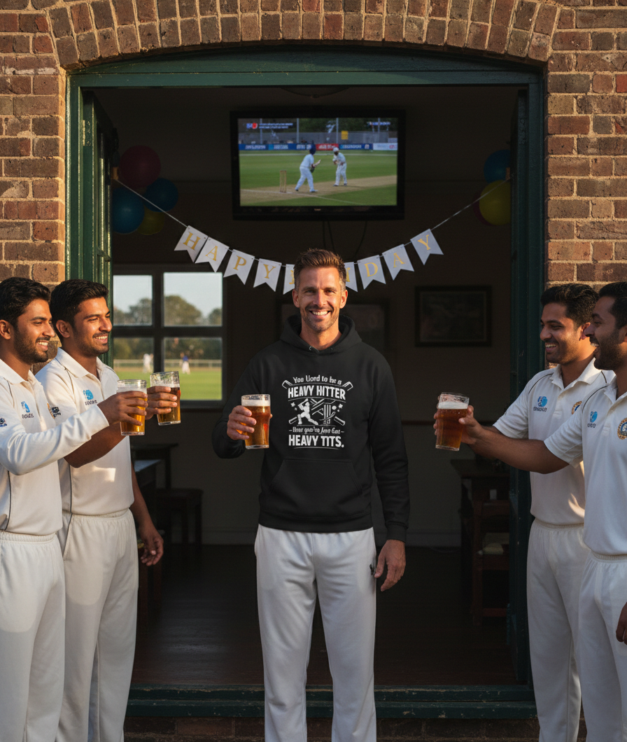 Group of men in cricket uniforms with one holding a beer, standing in front of a television screen showing a cricket match. The man is wearing a Cows Corner hoodie with the funny cricket birthday slogan 'You Used to be a Heavy Hitter. Now you’ve Just Got Heavy Tits.'. Cows Corner gifts are perfect for sport-mad fans, these gifts work brilliantly for birthdays, new baby celebrations, Father’s Day, Mother’s Day, Christmas, anniversaries, thank you gifts, end-of-season team awards, graduations, retirements