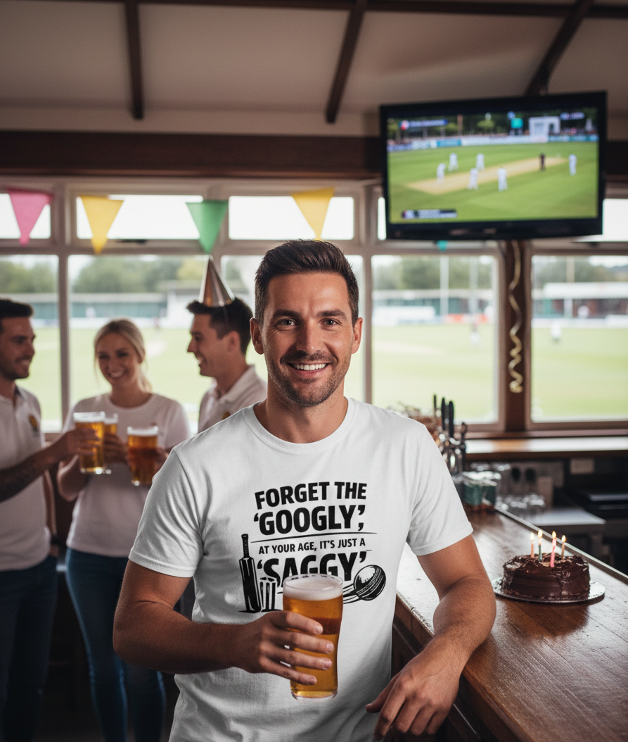 Man in a bar holding a beer, wearing a t-shirt with humorous text, surrounded by friends and a TV in the background. The man is wearing a Cows Corner t-shirt with the funny birthday cricket slogan 'Forget the 'Googly', at your age, it’s just a 'Saggy'.  Cows Corner gifts are perfect for sport-mad fans, these gifts work brilliantly for birthdays, new baby celebrations, Father’s Day, Mother’s Day, Christmas, anniversaries, thank you gifts, end-of-season team awards, graduations, retirements, and just-because 