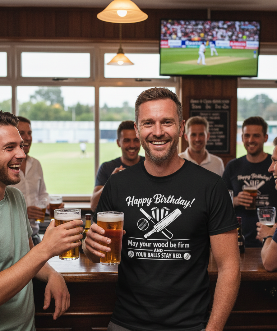 Group of men in a pub celebrating with drinks, one wearing a birthday t-shirt. The man is wearing a Cows Corner t-shirt with the funny cricket birthday slogan that reads 'Happy Birthday! May your wood be firm and your balls stay red.' Cows Corner gifts are perfect for sport-mad fans, these gifts work brilliantly for birthdays, new baby celebrations, Father’s Day, Mother’s Day, Christmas, anniversaries, thank you gifts, end-of-season team awards, graduations, retirements, and just-because moments 