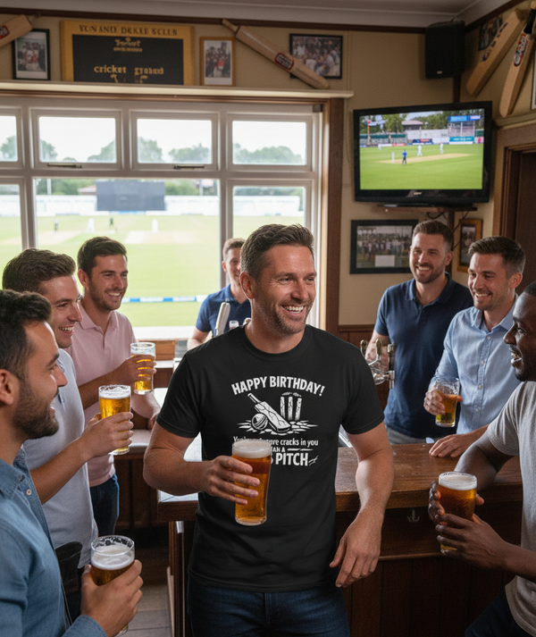 Group of men in a pub celebrating with beer, one wearing a 'Happy Birthday' t-shirt. The man is wearing a Cows Corner t-shirt with the funny birthday cricket message that reads 'Happy Birthday! You’ve got more cracks in you than a Day 5 pitch'. Cows Corner gifts are perfect for sport-mad fans, these gifts work brilliantly for birthdays, new baby celebrations, Father’s Day, Mother’s Day, Christmas, anniversaries, thank you gifts, end-of-season team awards, graduations, retirements, and just-because moments 