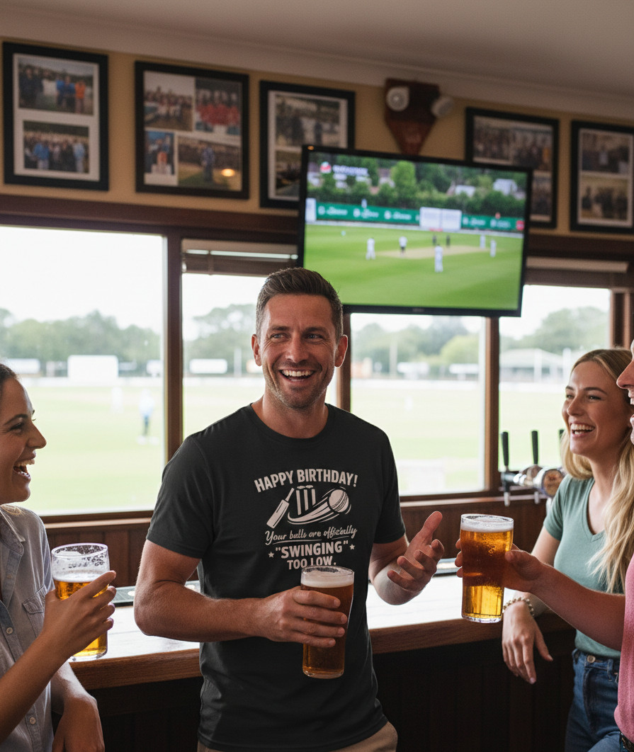 Group of people enjoying drinks and watching a sports match in a pub. The man is wearing a Cows Corner t-shirt with the funny cricket birthday slogan that reads 'Happy Birthday! Your balls are officially 'swinging' too low.'  Cows Corner gifts are perfect for sport-mad fans, these gifts work brilliantly for birthdays, new baby celebrations, Father’s Day, Mother’s Day, Christmas, anniversaries, thank you gifts, end-of-season team awards, graduations, retirements, and just-because moments 