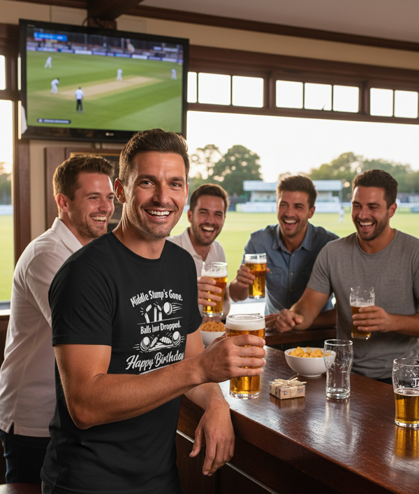 Group of men enjoying drinks together in a pub with a TV showing a sports game. The man is wearing a Cows Corner hoodie with the funny cricket birthday slogan 'Middle Stump’s Gone. Balls have Dropped. Happy Birthday.' Cows Corner gifts are perfect for sport-mad fans, these gifts work brilliantly for birthdays, new baby celebrations, Father’s Day, Mother’s Day, Christmas, anniversaries, thank you gifts, end-of-season team awards, graduations, retirements, and just-because moments 