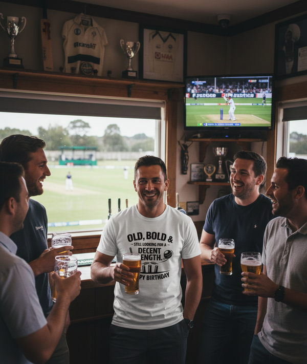 Group of men in a pub watching a sports match on television, holding drinks. The man is wearing a Cows Corner t-shirt with the funny cricket birthday slogan 'Old, Bold & Still Looking for a Decent Length. Happy Birthday'.  Cows Corner gifts are perfect for sport-mad fans, these gifts work brilliantly for birthdays, new baby celebrations, Father’s Day, Mother’s Day, Christmas, anniversaries, thank you gifts, end-of-season team awards, graduations, retirements, and just-because moments 