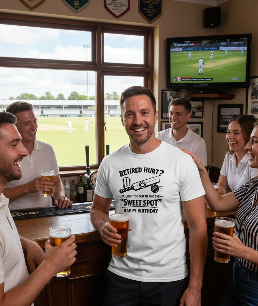 Man in a white t-shirt with a humorous birthday message, surrounded by friends in a pub. The man is wearing a Cows Corner t-shirt with the funny cricket birthday slogan 'Retired Hurt? No, just too old to find the 'Sweet Spot' Happy Birthday'. Cows Corner gifts are perfect for sport-mad fans, these gifts work brilliantly for birthdays, new baby celebrations, Father’s Day, Mother’s Day, Christmas, anniversaries, thank you gifts, end-of-season team awards, graduations, retirements, and just-because moments
