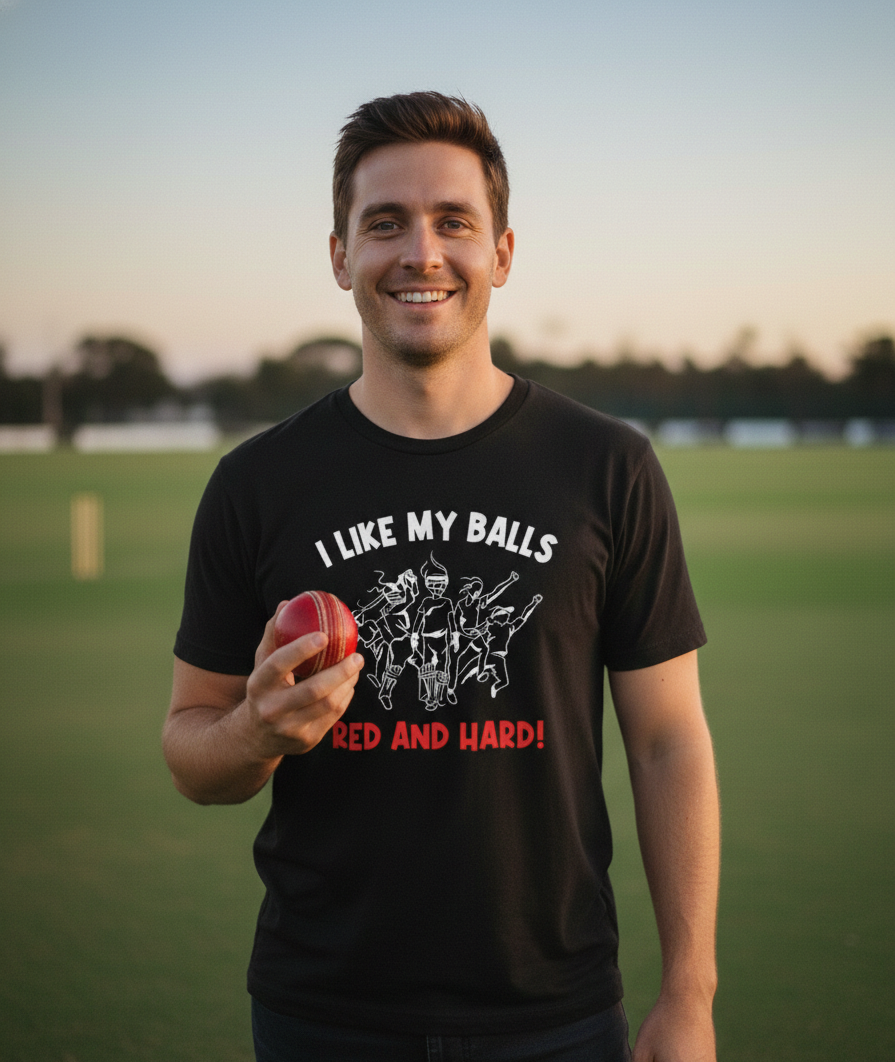 Man wearing a black t-shirt with a graphic and text, holding a red ball on a grassy field. The man is wearing a Cows Corner t-shirt with the funny cricket slogan 'I Like My Balls Red And Hard'. Cows Corner gifts are perfect for sport-mad fans, these gifts work brilliantly for birthdays, new baby celebrations, Father’s Day, Mother’s Day, Christmas, anniversaries, thank you gifts, end-of-season team awards, graduations, retirements, and just-because moments when you want to raise a smile. 
