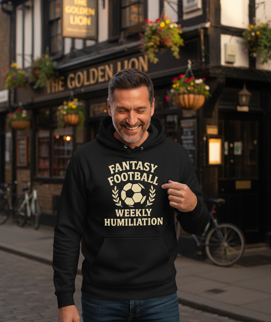 Man wearing a Cows Corner hoodie with the funny football slogan 'Fantasy Football = Weekly Humiliation'. Cows Corner gifts are perfect for sport-mad fans, these gifts work brilliantly for birthdays, new baby celebrations, Father’s Day, Mother’s Day, Christmas, anniversaries, thank you gifts, end-of-season team awards, graduations, retirements, and just-because moments when you want to raise a smile. 
