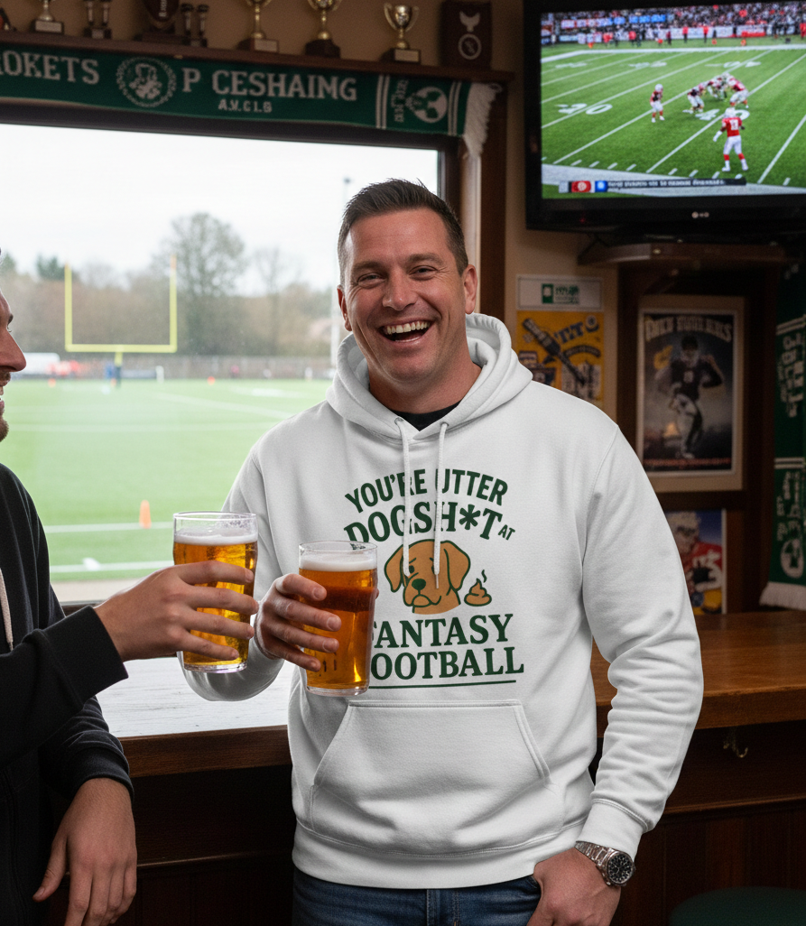 Man wearing a hoodie with humorous fantasy football text, holding beer glasses in a pub setting with sports memorabilia. The man is wearing a Cows Corner hoodie with the funny fantasy football slogan on the front that reads 'You're Utter Dogsh*t at Fantasy Football'.  Cows Corner gifts are perfect for sport-mad fans, these gifts work brilliantly for birthdays, new baby celebrations, Father’s Day, Mother’s Day, Christmas, anniversaries, thank you gifts, end-of-season team awards, graduations, retirements