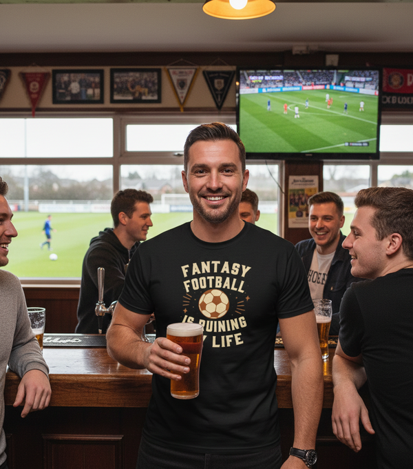 Man in a pub wearing a 'Fantasy Football is Ruining Life' t-shirt holding a beer, with a sports event on a screen in the background.  Cows Corner gifts are perfect for sport-mad fans, these gifts work brilliantly for birthdays, new baby celebrations, Father’s Day, Mother’s Day, Christmas, anniversaries, thank you gifts, end-of-season team awards, graduations, retirements, and just-because moments when you want to raise a smile. Designed for people who appreciate thoughtful gifting with a playful edge 