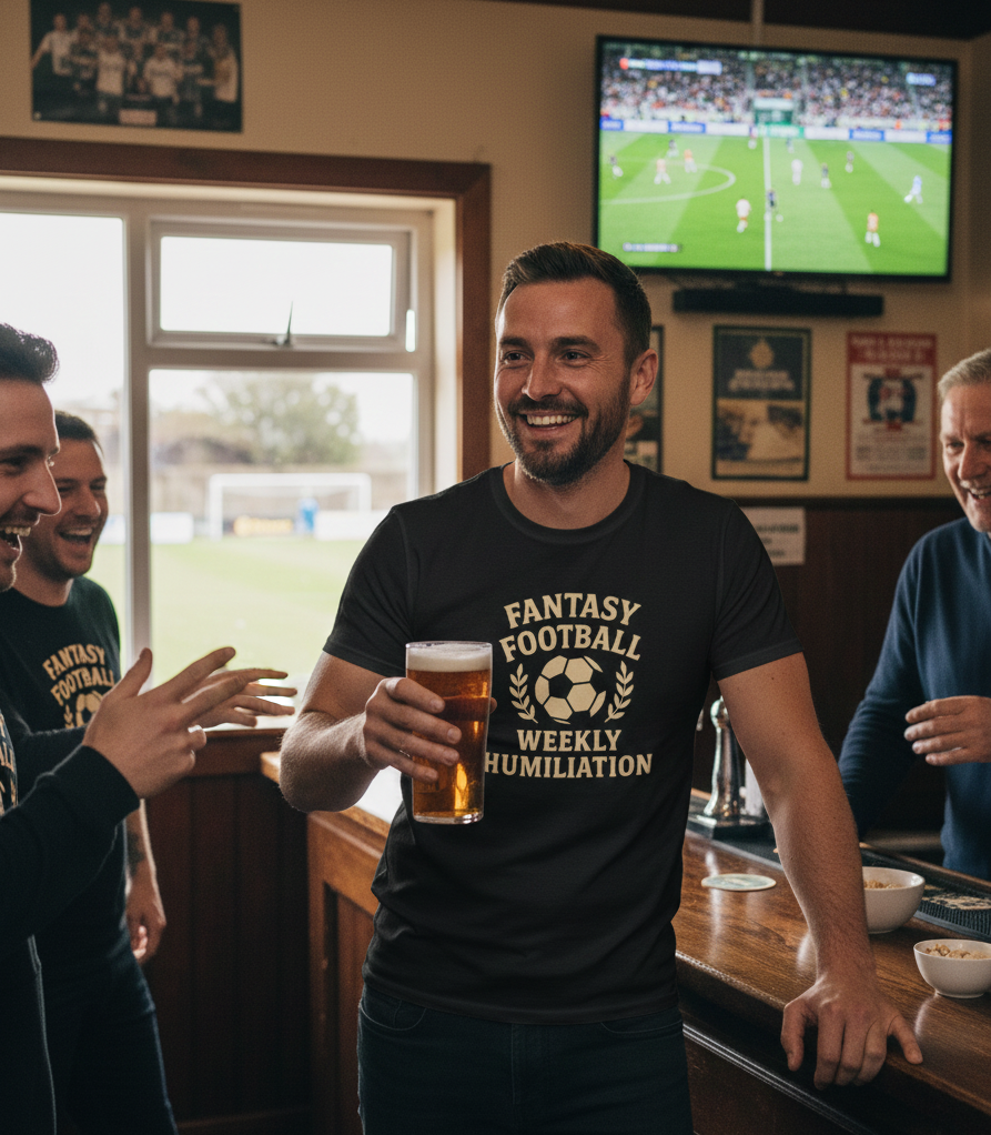 Man holding a beer in a pub with a television showing a sports event in the background, the man is wearing a Cows Corner t-shirt with the funny fantasy football slogan on the front that reads 'Fantasy Football = Weekly Humiliation'. Cows Corner gifts are perfect for sport-mad fans, these gifts work brilliantly for birthdays, new baby celebrations, Father’s Day, Mother’s Day, Christmas, anniversaries, thank you gifts, end-of-season team awards, graduations, retirements, and just-because moments 
