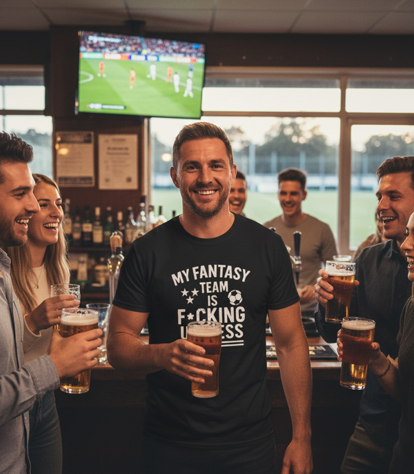 Group of people in a bar watching sports on TV, one person wearing a humorous t-shirt.  Man wearing a Cows Corner hoodie with the funny fantasy football slogan on the front that reads 'My Fantasy Team Is F*cking Useless'. Cows Corner gifts are perfect for sport-mad fans, these gifts work brilliantly for birthdays, new baby celebrations, Father’s Day, Mother’s Day, Christmas, anniversaries, thank you gifts, end-of-season team awards, graduations, retirements, and just-because moments 