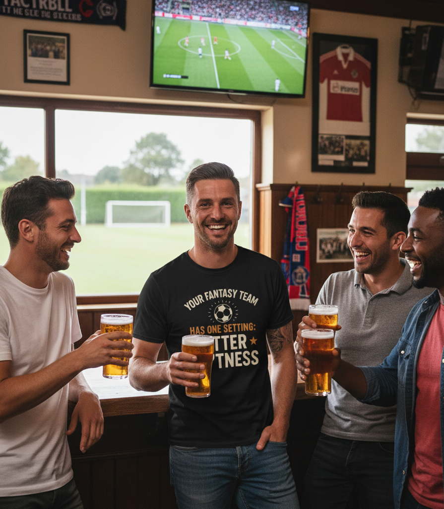 Four men in a pub watching a soccer match on television, holding beer glasses.  The man is wearing a Cows Corner T-shirt with the funny fantasy football slogan on the front that reads 'Your Fantasy Team Has One Setting: Utter Sh*tness'. Cows Corner gifts are perfect for sport-mad fans, these gifts work brilliantly for birthdays, new baby celebrations, Father’s Day, Mother’s Day, Christmas, anniversaries, thank you gifts, end-of-season team awards, graduations, retirements, and just-because moments 