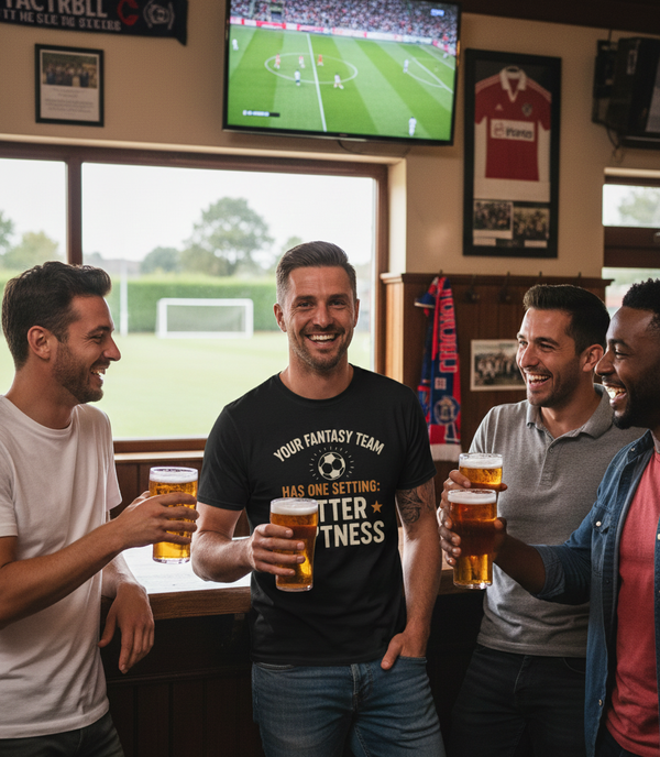 Four men in a pub watching a soccer match on television, holding beer glasses.  The man is wearing a Cows Corner T-shirt with the funny fantasy football slogan on the front that reads 'Your Fantasy Team Has One Setting: Utter Sh*tness'. Cows Corner gifts are perfect for sport-mad fans, these gifts work brilliantly for birthdays, new baby celebrations, Father’s Day, Mother’s Day, Christmas, anniversaries, thank you gifts, end-of-season team awards, graduations, retirements, and just-because moments 