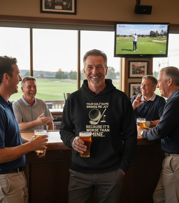 Group of men in a bar watching golf on TV, one wearing a hoodie with a humorous golf quote. The man is wearing a Cows Corner hoodie with the funny golf slogan 'Your Golf Game Bring Me Joy, Because It’s Worse Than Mine'. Cows Corner gifts are perfect for sport-mad fans, these gifts work brilliantly for birthdays, new baby celebrations, Father’s Day, Mother’s Day, Christmas, anniversaries, thank you gifts, end-of-season team awards, graduations, retirements, and just-because moments 