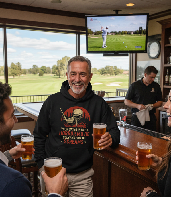 Man in a bar wearing a hoodie with a humorous golf-themed design, holding a beer and smiling. The man is wearing a Cows Corner hoodie with a funny golf slogan 'Your Swing Is Like a Horror Movie, Ugly and Full of Screams'. Cows Corner gifts are perfect for sport-mad fans, these gifts work brilliantly for birthdays, new baby celebrations, Father’s Day, Mother’s Day, Christmas, anniversaries, thank you gifts, end-of-season team awards, graduations, retirements, and just-because moments 