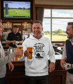 Men in a pub watching golf on TV and enjoying drinks.  The man is wearing a Cows Corner hoodie with the funny golf slogan 'Your Swing Is Proof That Money Can’t Buy Skill'. Cows Corner gifts are perfect for sport-mad fans, these gifts work brilliantly for birthdays, new baby celebrations, Father’s Day, Mother’s Day, Christmas, anniversaries, thank you gifts, end-of-season team awards, graduations, retirements, and just-because moments when you want to raise a smile. 
