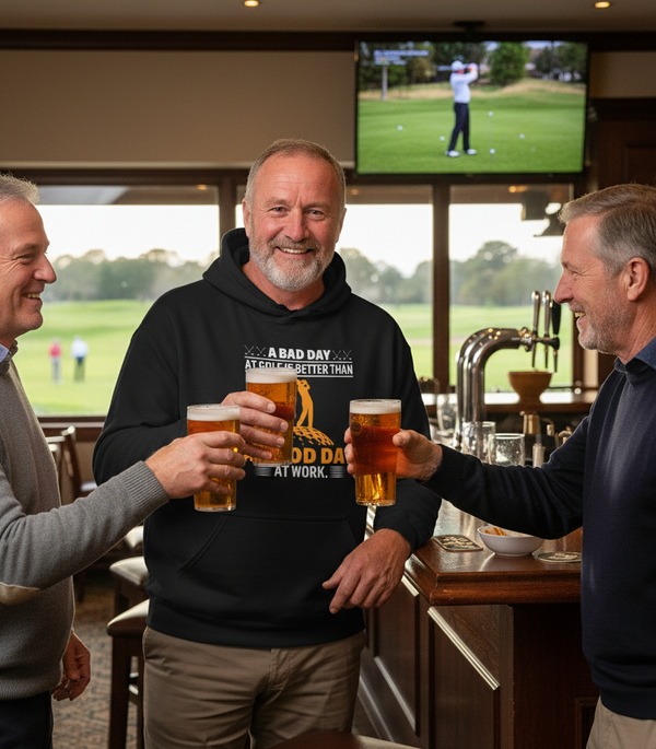 Three men in a pub toasting with beer glasses, with a television screen showing a golf game in the background. The man is wearing a Cows Corner hoodie with a funny golf slogan 'A Bad Day at Golf Is Better Than a Good Day at Work'. Cows Corner gifts are perfect for sport-mad fans, these gifts work brilliantly for birthdays, new baby celebrations, Father’s Day, Mother’s Day, Christmas, anniversaries, thank you gifts, end-of-season team awards, graduations, retirements, and just-because moments 