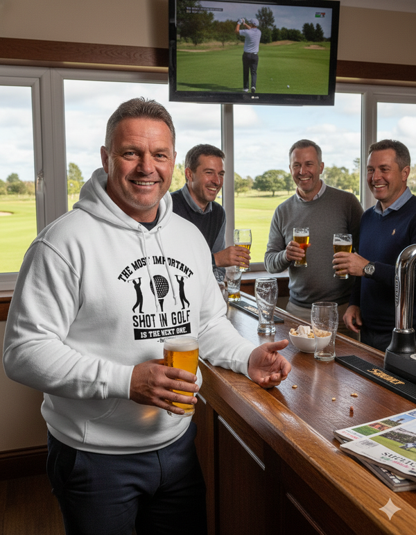 Man in a bar holding a beer, with others in the background watching golf on TV. The man is wearing a Cows Corner hoodie with a funny golf slogan 'The Most Important Shot in Golf Is the Next One – Ben Hogan'. Cows Corner gifts are perfect for sport-mad fans, these gifts work brilliantly for birthdays, new baby celebrations, Father’s Day, Mother’s Day, Christmas, anniversaries, thank you gifts, end-of-season team awards, graduations, retirements, and just-because moments when you want to raise a smile. 

