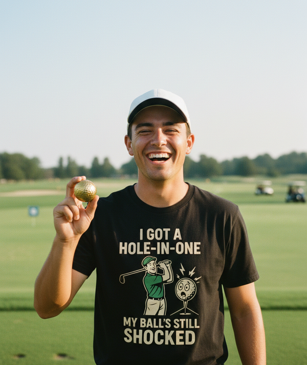 Man on a golf course holding a gold golf ball, wearing a t-shirt with a humorous design. A Cows Corner t-shirt with a funny golf slogan 'I Got A Hole-In-One… My Ball’s Still Shocked'. Cows Corner gifts are perfect for sport-mad fans, these gifts work brilliantly for birthdays, new baby celebrations, Father’s Day, Mother’s Day, Christmas, anniversaries, thank you gifts, end-of-season team awards, graduations, retirements, and just-because moments when you want to raise a smile. 

