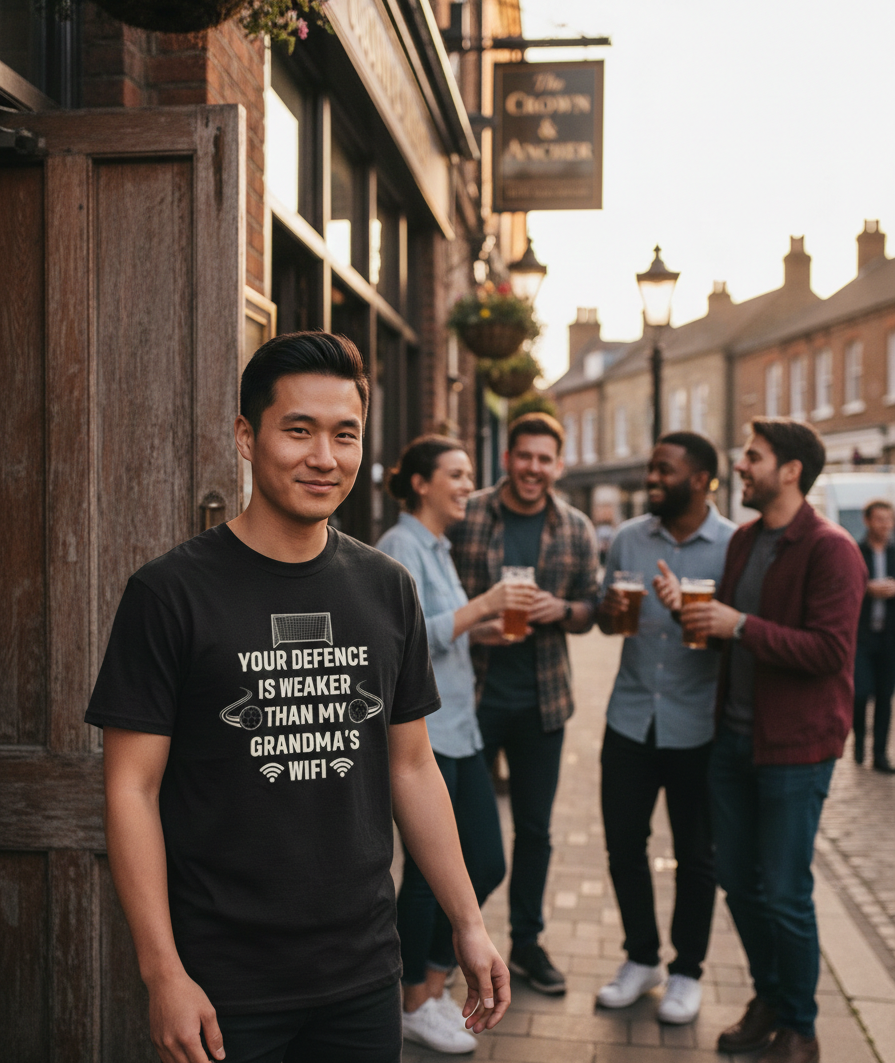Man wearing a black t-shirt with text standing on a street with friends in the background. The man is wearing a Cows Corner t-shirt with the funny football slogan 'Your Defence Is Weaker Than My Grandma’s Wifi'. Cows Corner gifts are perfect for sport-mad fans, these gifts work brilliantly for birthdays, new baby celebrations, Father’s Day, Mother’s Day, Christmas, anniversaries, thank you gifts, end-of-season team awards, graduations, retirements, and just-because moments when you want to raise a smile. 

