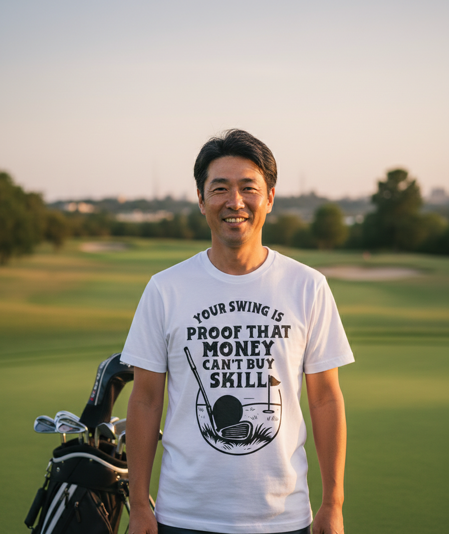 Man on a golf course wearing a white t-shirt with a humorous golf-themed message. The man is wearing a Cows Corner t-shirt with the funny golf slogan 'Your Swing Is Proof That Money Can’t Buy Skill'. Cows Corner gifts are perfect for sport-mad fans, these gifts work brilliantly for birthdays, new baby celebrations, Father’s Day, Mother’s Day, Christmas, anniversaries, thank you gifts, end-of-season team awards, graduations, retirements, and just-because moments when you want to raise a smile. 
